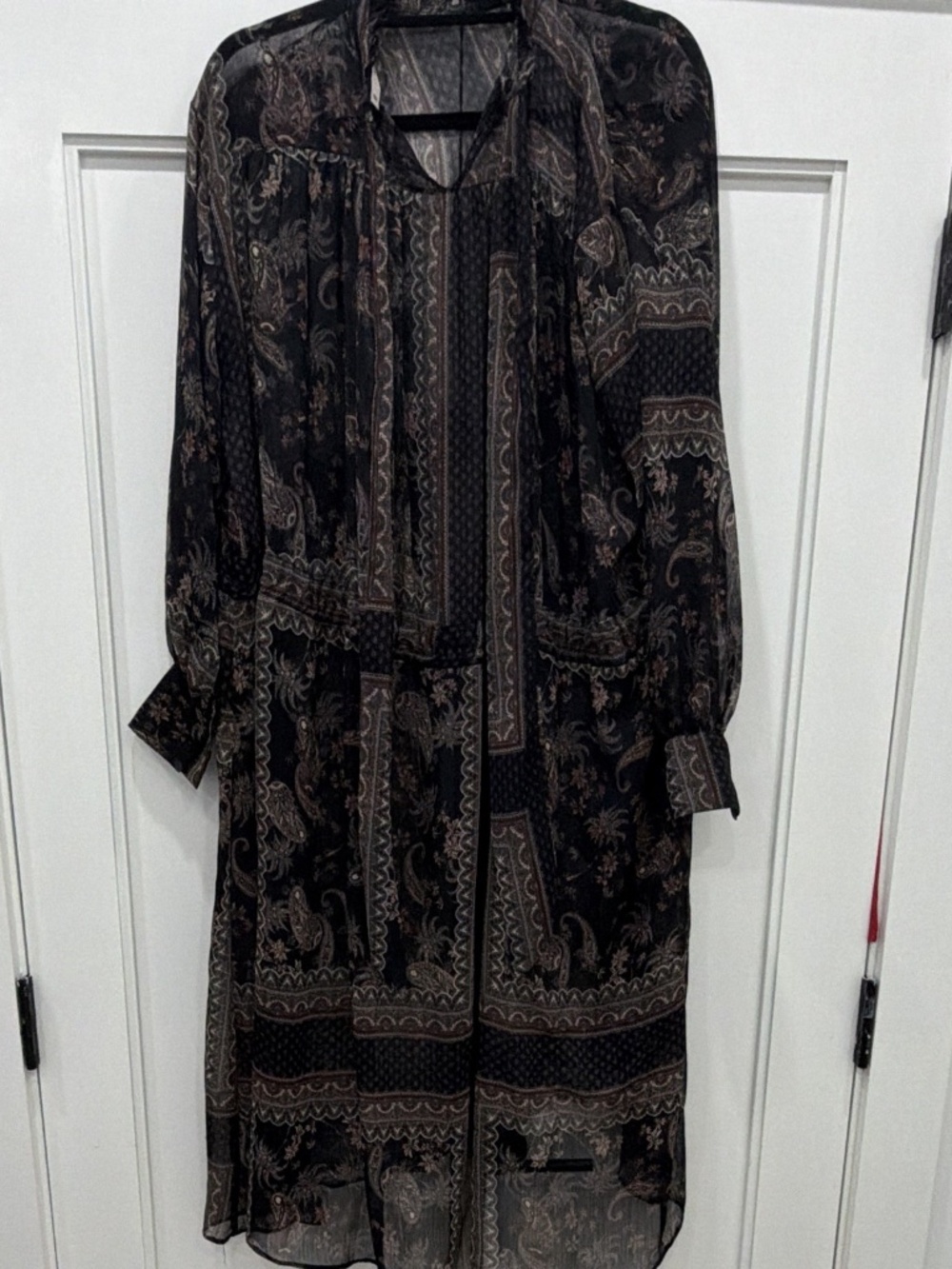 MNG Women's Shirt Dress S Black Paisley Chiffon Sheer Ruffle V-Neck Midi